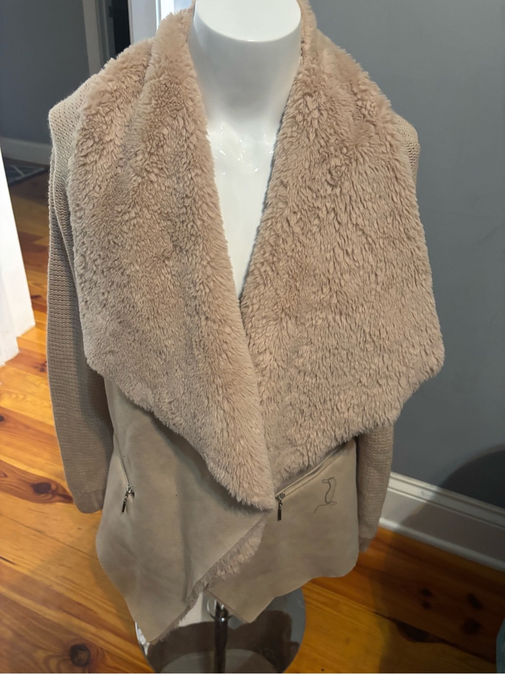 Plush Draped Teddy Jacket in Beige